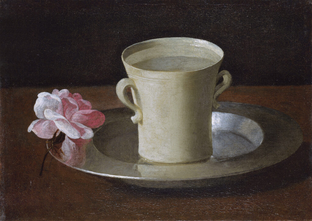 Zurbaran. Glass of water and rose on a silver tray, circa 1630. National Gallery, London
