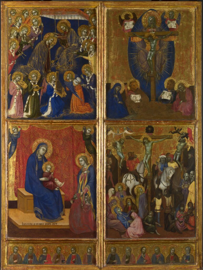 Barnaba da Modena. The Coronation of the Virgin; The Virgin with the Child; The Trinity; The Crucifixion and The Twelve Apostles, 1374. National Gallery, London
