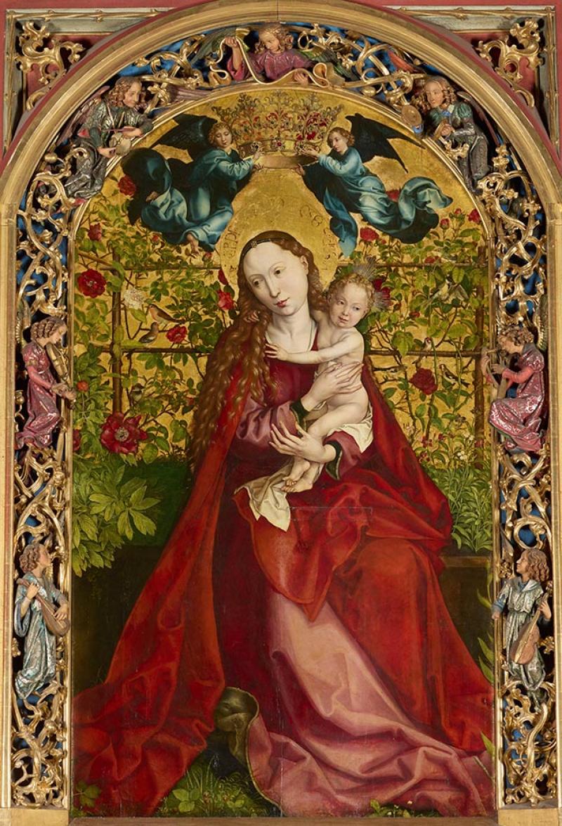 Martin Schongauer (1448-1491), The Virgin in the Rose Bush, 1473, oil and tempera on wood, 200 x 114 cm, Colmar, Dominican church. © Grand Est Region – General inventory / Bastien Garnier