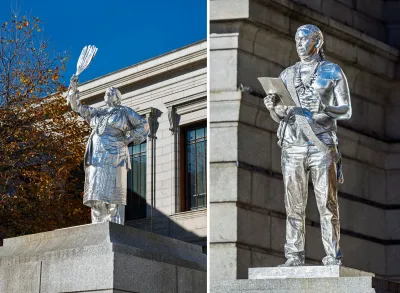 Composite image of photographs of two stainless steel sculptures of Native Americans, installed outside a museum.