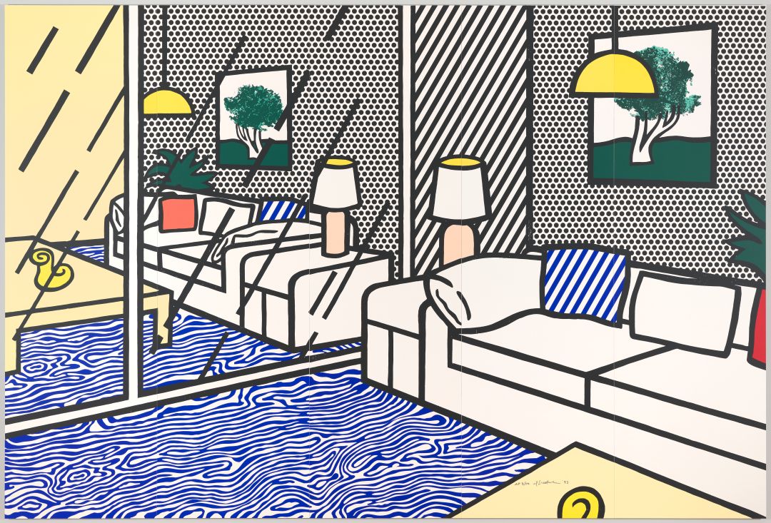 Roy Lichtenstein. Wallpaper with Blue Floor Interior, 1992. © Estate of Roy Lichtenstein / 2026, ProLitteris, Zurich