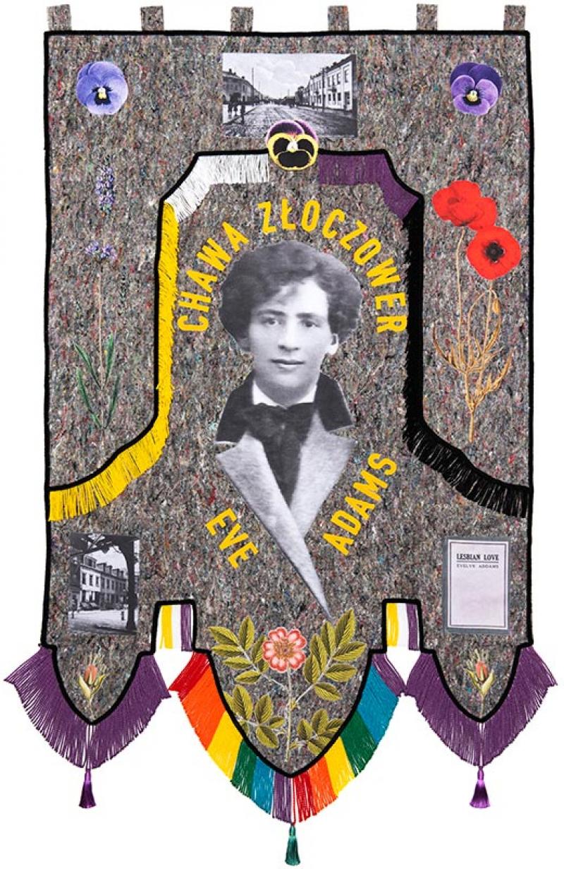 Zuzanna Hertzberg, Homage to Chawa Złoczower/Eve Adams, 2025, Jewish Shmates series [Vêtements juifs]textile banner. © Zuzanna Hertzberg